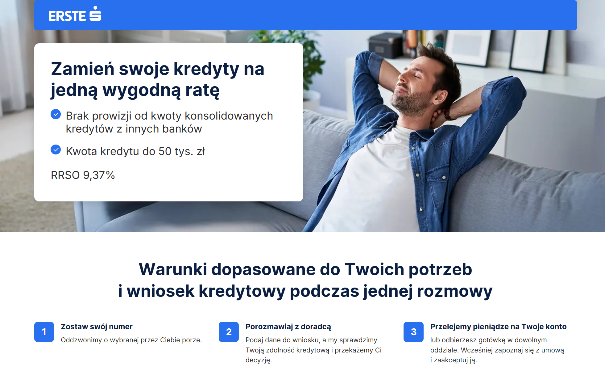 Kredyt konsolidacyjny Erste do 50 000 zł — RRSO od 9,37%