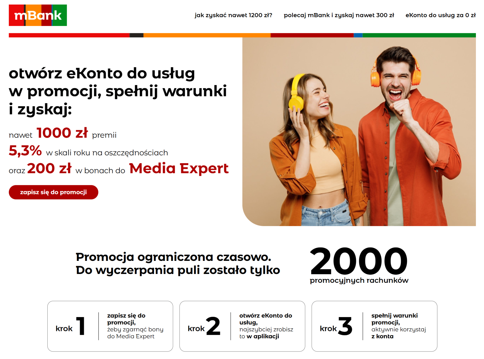 Promocja mBank eKonto do usług — do 1200 zł premii i 5,3% na oszczędnościach